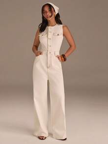 Athîral Mono vaquero de verano casual para mujer con botones y media cartera en unicolor - Blanco - Ver 5