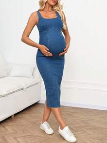 SHEIN Umstandskleid aus Denim für den Alltag, Urlaub, Sommer, Karneval, Pendeln, Urlaub, Abschluss, Chic Y2K, süße Streetwear, Party, Hochzeit, Business Lässig, Strand, Ostern, mit quadratischem Ausschnitt für bequemen Alltag, eleganter Komfort-Stil, vielseitige Mode, süße minimalistische Umstandsmode - Blau - Übersicht 5