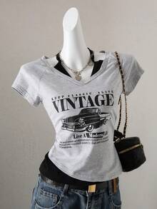 少女时尚二合一短袖T恤 - 灰色 - 查看 1