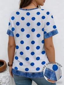 EMERY ROSE Printed Patchwork Polka Dot V-Neck Short Sleeve Casual Plus Size T-Shirt, Spring & Summer - Multicolor - View 2