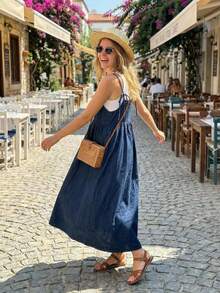 FRIFUL Women's Solid Color Casual Versatile Loose Denim Cami Dress Summer - Blue - View 10