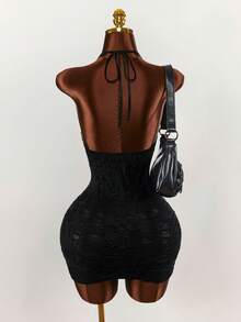 Amplova Y2K Shibuya Gyaru Tight Sleeveless U-Neck Ripped Hole Mini Dress - Black - View 3