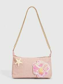 ROMWE Fairycore 1Pc Pink Vacation Style PU Shoulder Bag With Star & Pearl Decor, Tropical Island Pink Sequin Flower Beach Bag, Perfect For Spring & Summer Travel & Resort Outfits - Color F - View 9