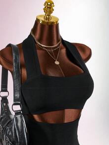Amplova Y2K schwarzes Sommer Techno Club Rave enges ärmelloses Bandage Bodycon Minikleid, rückenfrei einfarbig Festival Outfit für Frauen elegante Party - Schwarz - Übersicht 10