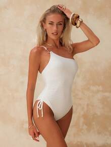 SHEIN Swim Chicsea Women's Textured One-Piece Swimsuit, Fashionable For Vacation - White - View 4