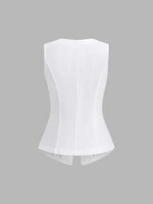 Sweetra French Minimalist Basic Metal Large Button Sleeveless Women Thin Blazer - White - View 2