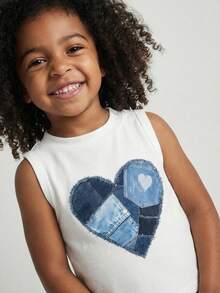 SHEIN Young Girl Casual Simple Patchwork Vintage Street Heart Graphic Crew Neck Tank Top, Suitable For Summer - White - View 7