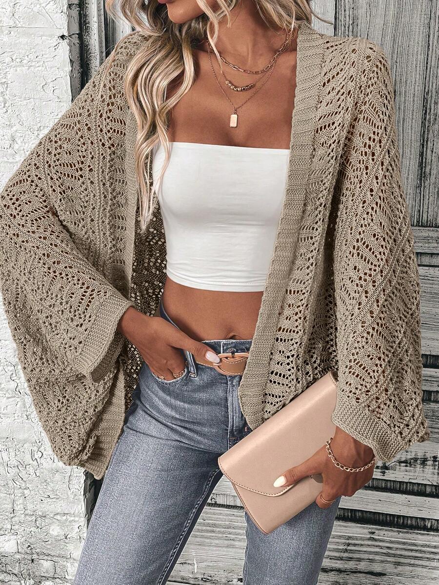 SHEIN LUNE Cardigan Kasual Longgar Lengan Kelelawar Berongga Warna Polos untuk Wanita - Khaki - View 1