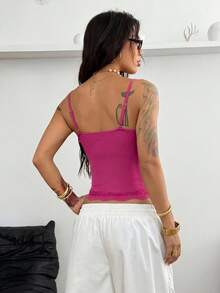 Coolane 女士夏季可爱日常穿搭基础款撞色蕾丝蝴蝶结修身蓝色背心 - 玫紅色 - 查看 2