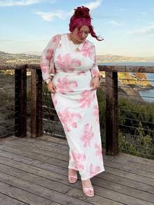 Hourglow Váy lưới dài tay in hoa thanh lịch lãng mạn cỡ lớn cho nữ, đầu thu - Nhiều màu - Xem 3