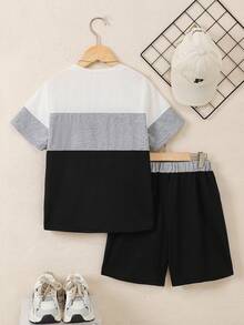 Vacaura Set 2pcs/Set Kaos Kasual Leher Bulat Warna-warni untuk Anak Laki-laki, Nyaman dan Modis untuk Pakaian Sehari-hari, Sekolah, dan Olahraga - Hitam - View 2