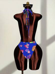 Zestiva Traje de baño de una pieza con estampado, escote halter y diseño hueco en forma de cruz, para mujer, primavera/verano - azul real - Ver 2