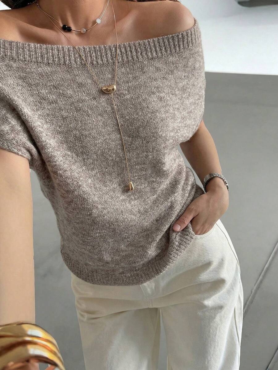 DAZY Women's Elegant Cold-Shoulder Short Sleeve Cold-Shoulder Sweater Summer - Khaki - View 1