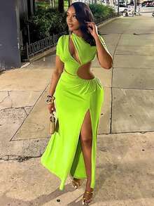 Glyssa 女士不对称镂空褶皱高开衩腰部镂空修身连衣裙，时尚闪亮新年派对夜店装，薄荷绿 - 薄荷綠 - 查看 3