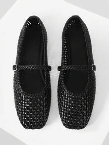 Mnmlis 精致编织镂空平底女鞋，时尚舒适，方头优雅平底鞋 - 黑色1 - 查看 1