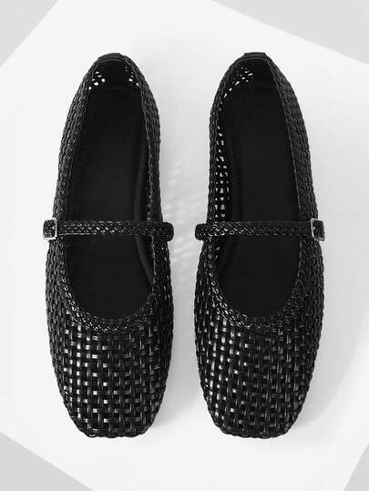 Mnmlis Exquisite Woven Hollow Flat Women's Shoes, Fashionable And Comfortable, Square Toe Elegant Flat Shoes