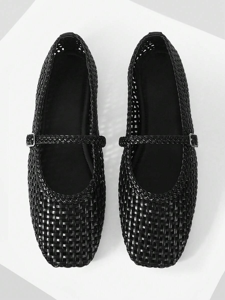 Mnmlis 精致编织镂空平底女鞋，时尚舒适，方头优雅平底鞋 - 黑色1 - 查看 1