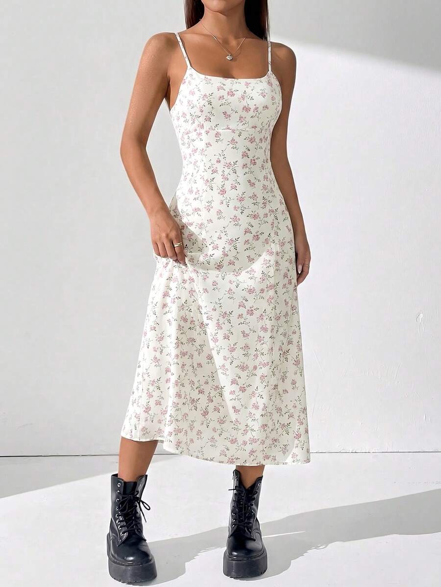 SHEIN EZwear 白色碎花编织吊带连衣裙，女士夏季连衣裙，新款连衣裙，野花连衣裙，女士连衣裙，长款休闲连衣裙 - 白色 - 查看 1