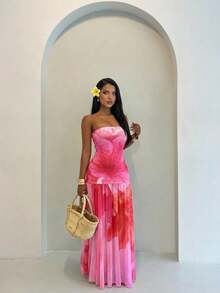 Aloruh 女士碎花连衣裙，适合夏季度假 - 粉色 - 查看 3