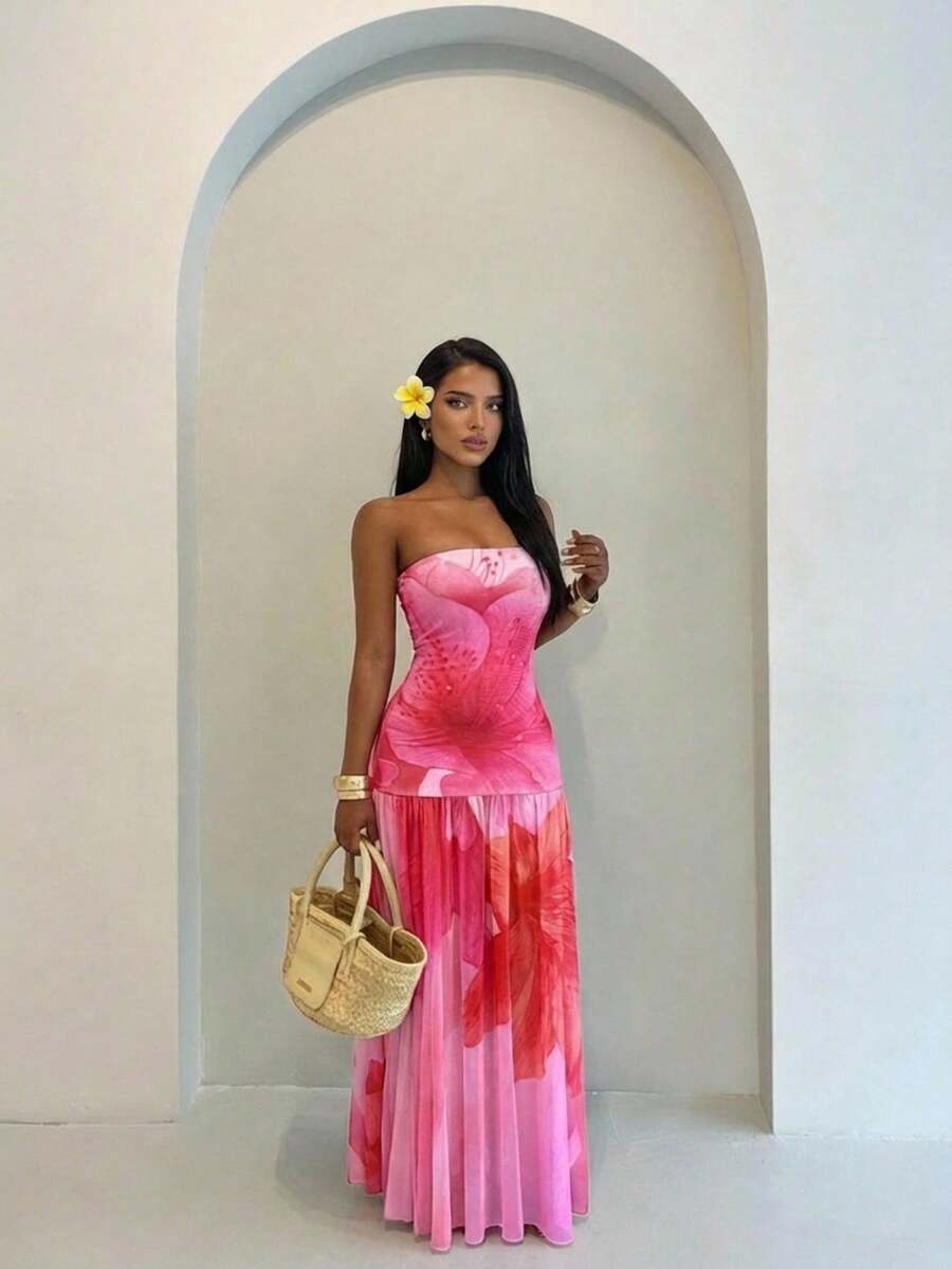 Aloruh Đầm in hoa dành cho nữ, thích hợp cho kỳ nghỉ hè. - Hồng - Xem 1