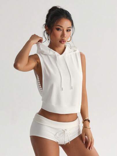 Dewbera 女士无袖连帽卫衣，基础款，条纹网眼后背设计，适合瑜伽、户外运动和健身。