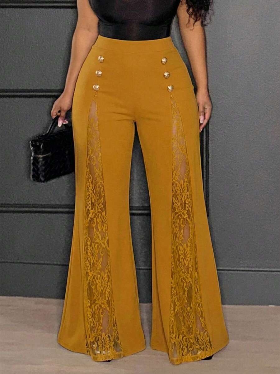 SHEIN Slayr 春夏新款女装，秋冬新款女装，音乐节万圣节新款服装，女士生日礼服，日常穿着，百搭单品，休闲装，度假装，邮轮旅行装，沙滩装，日光浴装，热门单品，黑色蕾丝拼接镂空夜店装，性感宽松阔腿裤，大码黄色长裤，黄色阔腿裤，蕾丝拼接裤 - 咖啡棕 - 查看 1