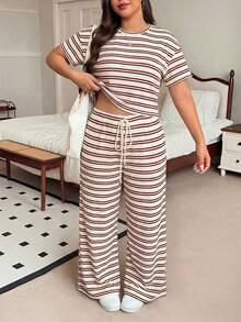 SHEIN EZwear Plus Size Brown Striped T-Shirt And Pants Casual 2 Pieces Set, Summer - Red - View 1