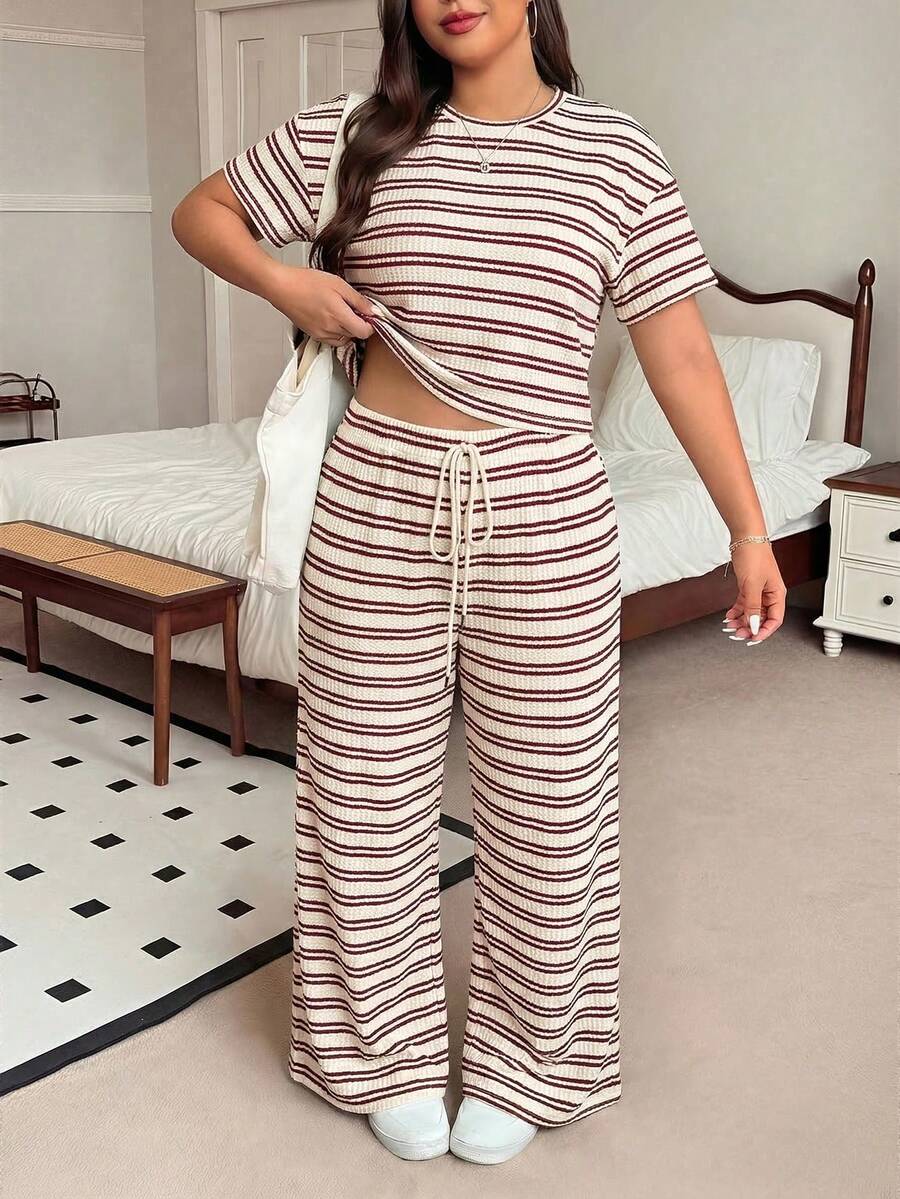 SHEIN EZwear Plus Size Brown Striped T-Shirt And Pants Casual 2 Pieces Set, Summer - Red - View 1