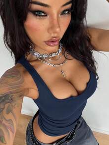 Coolane 女士春夏节日街头复古Y2K基础款翻领弹力背心 - 藏蓝色 - 查看 2