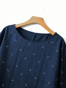 SHEIN EMERY ROSE CURVE 大码休闲树叶刺绣荷叶边衬衫 - 藏蓝色 - 查看 5