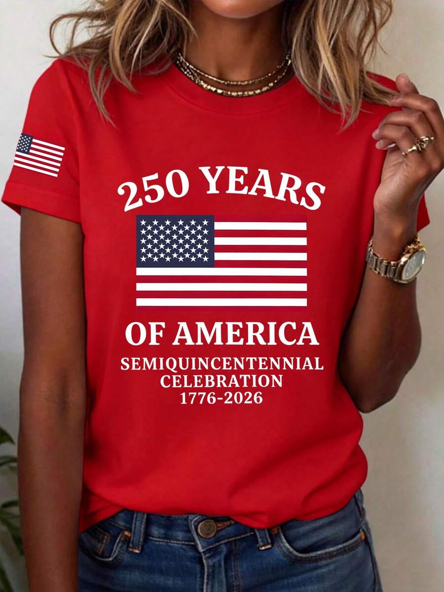 EMERY ROSE 女士休闲印花圆领短袖T恤，夏季 - 紅色 - 查看 1