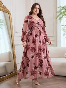 Modelyn Romantic Chiffon Floral Print Long Sleeve A-Line Maxi Dress, Plus Size, Spring/Summer Fall - Multicolor - View 5