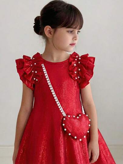 Elladie kids 1pc Girls' Spring/Summer Elegant Sweet Glossy Textured Pearl Decor Cap Sleeve A-Line Dress + Pearl Crossbody Bag, Suitable For Holiday Party & Performance