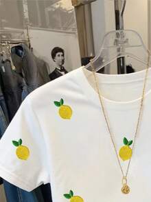 Resyla Women's Casual Lemon Embroidery T-Shirt, Summer - White - View 5