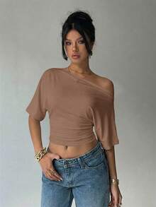 Aloruh Áo kiểu dáng rộng rãi, lệch vai, thắt eo, áo thun cơ bản tối giản. - Cà phê nâu - Xem 5