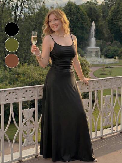 SHEIN MOD 大码女式纯色褶皱腰喇叭下摆细肩带连衣裙、半正式连衣裙、优雅茶会连衣裙、飘逸邮轮女装长裙黑黑色中长裙