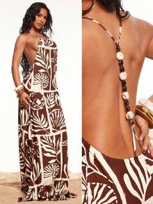 Radiana 棕色亚麻质感波西米亚风连衣裙，海洋印花连衣裙，性感串珠露背吊带连衣裙，度假连衣裙，沙滩连衣裙，宽松舒适休闲连衣裙，适合海岛度假、海滩、假日、休闲外出、派对、音乐节、演唱会、乡村音乐活动等场合。女士沙滩装，女士度假套装，女士夏季两件套，女士泳装罩衫，女士泳衣套装（含罩衫）。 - 彩色 - 查看 1
