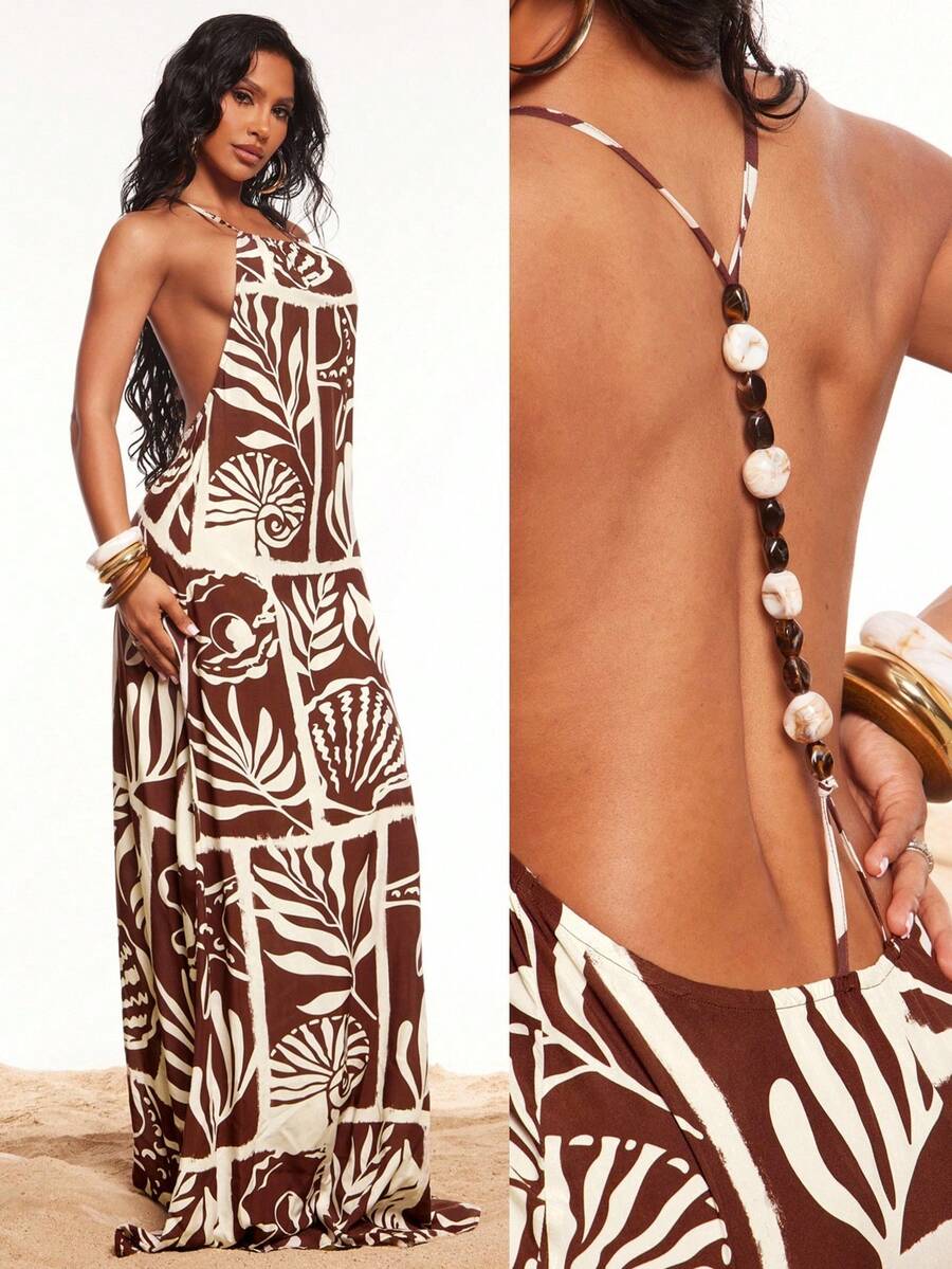 Radiana 棕色亚麻质感波西米亚风连衣裙，海洋印花连衣裙，性感串珠露背吊带连衣裙，度假连衣裙，沙滩连衣裙，宽松舒适休闲连衣裙，适合海岛度假、海滩、假日、休闲外出、派对、音乐节、演唱会、乡村音乐活动等场合。女士沙滩装，女士度假套装，女士夏季两件套，女士泳装罩衫，女士泳衣套装（含罩衫）。 - 彩色 - 查看 1