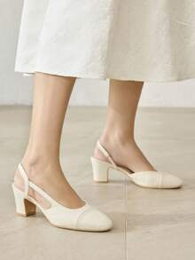 MOTF SEPATU WANITA GAYA EROPA DAN AMERIKA BARU, LUBANG SISI UDARA, UJUNG BULAT, HAK TEBAL SEDANG, WARNA BEIGE, SERBAGUNA, NYAMAN, KASUAL, ELEGAN, MODIS, MODEL SLIP-ON, HAK TINGGI KLASIK - Putih pucat - View 5