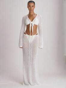 Musera Resort Knit Flared Sleeve Tie Front Cropped Cover Up Top Swim Vacation Holiday Summer Travel Beachwear Basics Solid Colour Resort Core - White - View 5