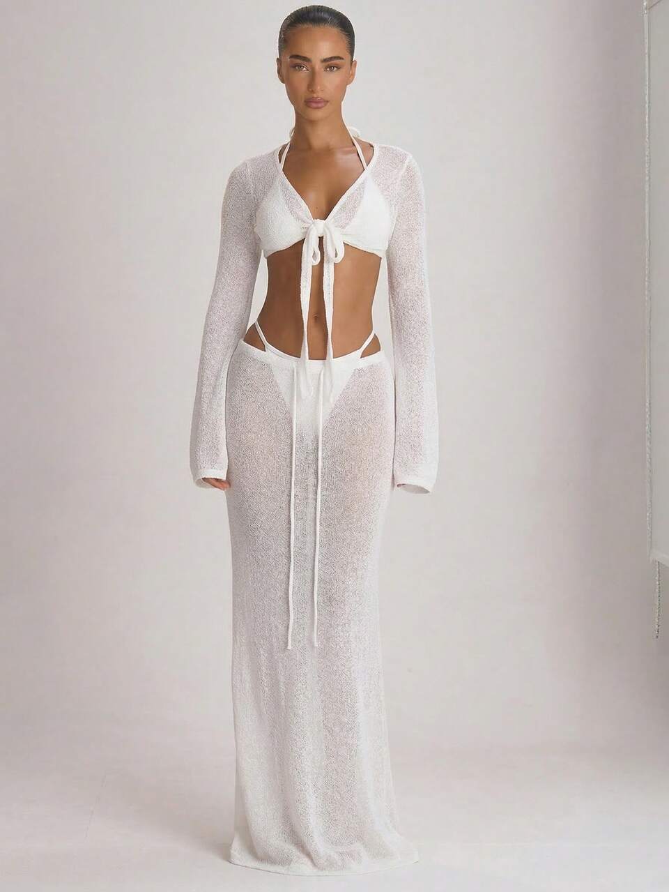 White Knit Flared Sleeve Tie Front Cropped Cover Up Top