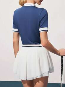 Gameset SHEIN Sport 女士撞色 Polo 领纽扣半开襟休闲百搭日常高尔夫 Polo 衫，短袖 - 藍色 - 查看 2