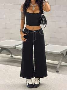 StreetHx 女士时尚复古直筒宽松牛仔裤，带腰带环 - 黑色 - 查看 3