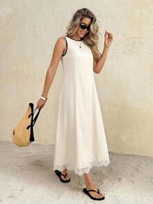SHEIN Frenchy Women's Casual Loose Sleeveless Round Neck Long Dress, Suitable For Vacation,French Minimalist Sleeveless Dress With Lace Trim,A Flowing, Umbrella-Shaped Hemline, This Elegant Resort Maxi Dress Is A New Summer Style,Contrasting Trim Design,Picnic Dress,Vacation Dresses,Summer Dresses For Women,Elegant Dresses For Party,Beach Outfits, Beach Vacation Outfits For Women,Holiday Outfits For Women,Summer Outfit For Women,Summer Clothes, Cute Summer Dress, Vacation Dress Women, Lovely Dress, Summer Dress Women, Trending Dress For Women, Latest Dress For Women New Arrivals - Apricot - View 4