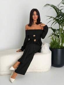 Ronhire 2 件套女士优雅露肩长袖上衣和裤子套装，适合秋冬季通勤 - 黑色 - 查看 4