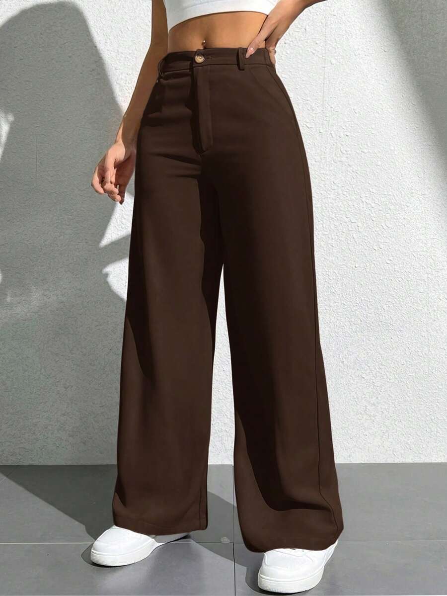 SHEIN PETITE Women's Casual Straight Leg Pants With Pockets ,Petite Women - Coffee Brown - View 1