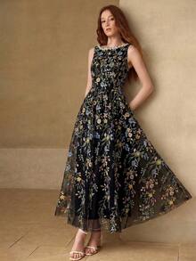 MOTF PREMIUM WOMEN'S EMBROIDERY MESH FLORAL PATTERN ROMANTIC DATE SLEEVELESS LONG DRESS, SPRING/SUMMER - Black - View 6