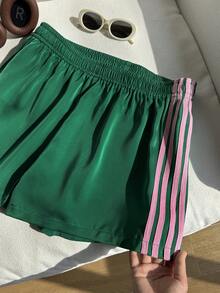 Comfortcana Quần short thể thao dáng rộng, chất liệu satin bóng, có dây rút, dành cho người có thân hình mũm mĩm. - màu xanh lá - Xem 6