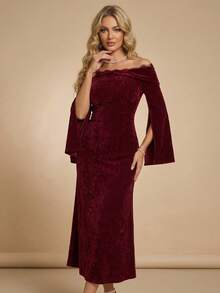 DAZY Women's Off-Shoulder Lace Patchwork Velvet Dress, Elegant And Fitted Sundress - Burgundy - View 3