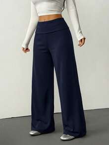 SHEIN PETITE Quần thể thao nữ màu trơn, ống rộng, cạp gập, dáng suông, thích hợp mặc ở nhà vào mùa thu và mùa đông. - Màu xanh hải quân - Xem 6